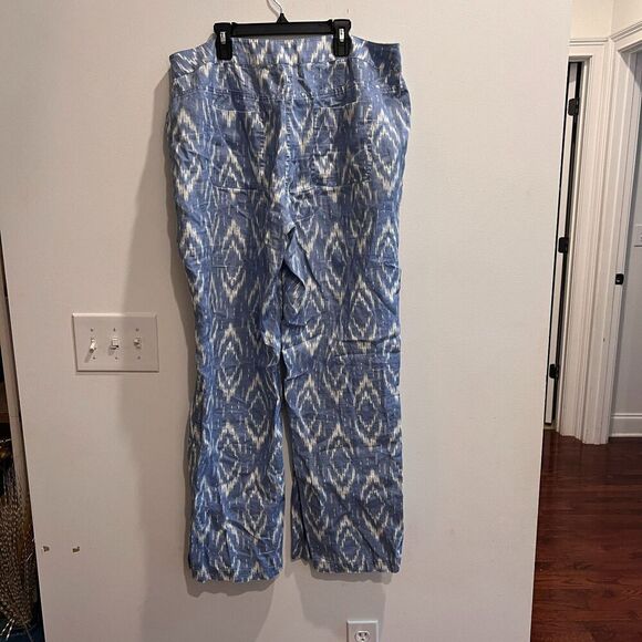 Chico's Blue White Linen Chino Pants Sz 14 2.5 Wide Leg Ikat Beach Boho Womens - Picture 5 of 12